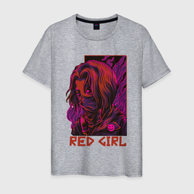 Мужская футболка хлопок с принтом Красная девушка в маске в Курске, 100% хлопок | прямой крой, круглый вырез горловины, длина до линии бедер, слегка спущенное плечо. | волосы | девушка | маска | пламя | смайлик | уличный стиль