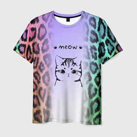 Мужская футболка 3D с принтом Котик MEOW на радужном леопарде принт в Кировске, 100% полиэфир | прямой крой, круглый вырез горловины, длина до линии бедер | meow | звериный принт | киса | киска | кот | котейка | котенок | котизм | котик | котэ | кошечка | кошка | леопард | мятна | мяу | радуга | радужный леопард