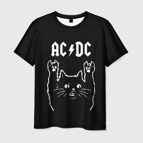 Мужская футболка 3D с принтом AC DC, Рок кот в Курске, 100% полиэфир | прямой крой, круглый вырез горловины, длина до линии бедер | ac | ac dc | acdc | dc | music | rock | кот | музыка | рок | рок кот