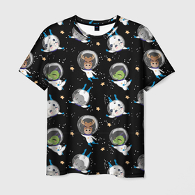 Мужская футболка 3D с принтом Звери в космосе паттерн в Петрозаводске, 100% полиэфир | прямой крой, круглый вырез горловины, длина до линии бедер | Тематика изображения на принте: детский | звери | звери в космосе | космос | лось