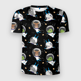 Мужская футболка 3D Slim с принтом Звери в космосе паттерн в Новосибирске, 100% полиэстер с улучшенными характеристиками | приталенный силуэт, круглая горловина, широкие плечи, сужается к линии бедра | Тематика изображения на принте: детский | звери | звери в космосе | космос | лось
