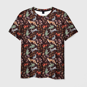 Мужская футболка 3D с принтом Лесная лисичка паттерн в Белгороде, 100% полиэфир | прямой крой, круглый вырез горловины, длина до линии бедер | лес | лесная | лис | лиса | лисица | лисичка | листья