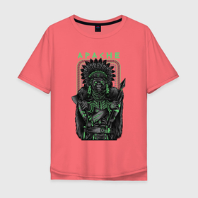 Мужская футболка хлопок Oversize с принтом Обезьяна апаче в Белгороде, 100% хлопок | свободный крой, круглый ворот, “спинка” длиннее передней части | апаче | копьё | обезьяна | перо | топор | уличный стиль