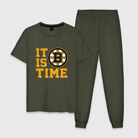 Мужская пижама хлопок с принтом It Is Boston Bruins Time, Бостон Брюинз в Тюмени, 100% хлопок | брюки и футболка прямого кроя, без карманов, на брюках мягкая резинка на поясе и по низу штанин
 | Тематика изображения на принте: boston | boston bruins | bruins | hockey | nhl | usa | бостон | бостон брюинз | нхл | спорт | сша | хоккей | шайба