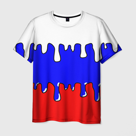 Мужская футболка 3D с принтом Триколор | Необычный в Санкт-Петербурге, 100% полиэфир | прямой крой, круглый вырез горловины, длина до линии бедер | russia | белый | герб | граффити | капли | красный | олимпиада | отечество | потеки | рос | россия | синиый | страна | триколор | флаг