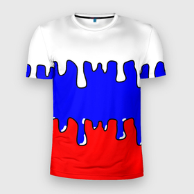 Мужская футболка 3D Slim с принтом Триколор | Необычный в Курске, 100% полиэстер с улучшенными характеристиками | приталенный силуэт, круглая горловина, широкие плечи, сужается к линии бедра | russia | белый | герб | граффити | капли | красный | олимпиада | отечество | потеки | рос | россия | синиый | страна | триколор | флаг