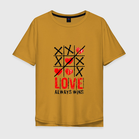 Мужская футболка хлопок Oversize с принтом Крестики нолики Любовь непобедима в Новосибирске, 100% хлопок | свободный крой, круглый ворот, “спинка” длиннее передней части | Тематика изображения на принте: heart | love | wins | крестикинолики | любовь | сердце
