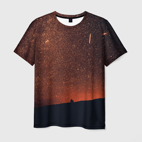 Мужская футболка 3D с принтом Золотое небо в Санкт-Петербурге, 100% полиэфир | прямой крой, круглый вырез горловины, длина до линии бедер | блестки | блестящее | горы | горы и небо | золото | золотое небо | космос | природа