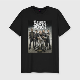 Мужская футболка хлопок Slim с принтом Five Finger Death Punch в Новосибирске, 92% хлопок, 8% лайкра | приталенный силуэт, круглый вырез ворота, длина до линии бедра, короткий рукав | dudes | groove metal | group | hype | music | usa | грувметал | группа | сша | хайп | чуваки