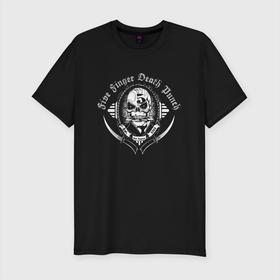 Мужская футболка хлопок Slim с принтом Five Finger Death Punch   Skull в Екатеринбурге, 92% хлопок, 8% лайкра | приталенный силуэт, круглый вырез ворота, длина до линии бедра, короткий рукав | Тематика изображения на принте: dagger | dudes | groove metal | group | hype | music | skull | usa | грувметал | группа | кастет | кинжал | сша | хайп | череп | чуваки