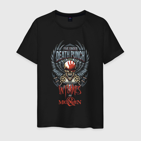 Мужская футболка хлопок с принтом Five Finger Death Punch   Playbill в Новосибирске, 100% хлопок | прямой крой, круглый вырез горловины, длина до линии бедер, слегка спущенное плечо. | dudes | groove metal | group | hype | music | skull | usa | грувметал | группа | кастет | сша | хайп | череп | чуваки