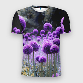 Мужская футболка 3D Slim с принтом Цветущая лесная поляна в Петрозаводске, 100% полиэстер с улучшенными характеристиками | приталенный силуэт, круглая горловина, широкие плечи, сужается к линии бедра | лес | лук | поляна | цветение | цветущая лесная поляна | цветущий лук | цветы