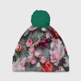 Шапка 3D c помпоном с принтом Цветочное полотно в Петрозаводске, 100% полиэстер | универсальный размер, печать по всей поверхности изделия | весеннее настроение | весна | пионы | розы | цветочки | цветочное полотно | цветочный принт | цветы