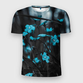 Мужская футболка 3D Slim с принтом Лесная поляна в Курске, 100% полиэстер с улучшенными характеристиками | приталенный силуэт, круглая горловина, широкие плечи, сужается к линии бедра | Тематика изображения на принте: голубые цветы | лесная поляна | незабудка | полевка | поляна | цветы