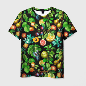 Мужская футболка 3D с принтом Сочные фрукты   персик, груша, слива, ананас в Екатеринбурге, 100% полиэфир | прямой крой, круглый вырез горловины, длина до линии бедер | ананас | гранат | груша | лето | персик | слива | фрукты