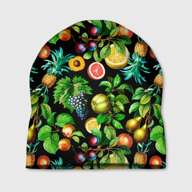 Шапка 3D с принтом Сочные фрукты   персик, груша, слива, ананас в Санкт-Петербурге, 100% полиэстер | универсальный размер, печать по всей поверхности изделия | Тематика изображения на принте: ананас | гранат | груша | лето | персик | слива | фрукты