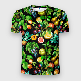 Мужская футболка 3D Slim с принтом Сочные фрукты   персик, груша, слива, ананас в Курске, 100% полиэстер с улучшенными характеристиками | приталенный силуэт, круглая горловина, широкие плечи, сужается к линии бедра | ананас | гранат | груша | лето | персик | слива | фрукты