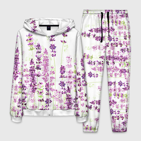 Мужской костюм 3D с принтом Цветы Лаванды акварелью в Тюмени, 100% полиэстер | Манжеты и пояс оформлены тканевой резинкой, двухслойный капюшон со шнурком для регулировки, карманы спереди | Тематика изображения на принте: flowers | lavender | spring | summer | watercolor | акварель | акварельные цветы | букет | бутоны | весна | ветви | ветки | лаванда | лавандовое поле | лепестки | лето | листья | нарисованные цветы | поляна | природа