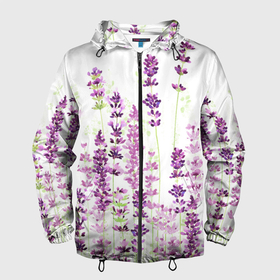 Мужская ветровка 3D с принтом Цветы Лаванды акварелью в Белгороде, 100% полиэстер | подол и капюшон оформлены резинкой с фиксаторами, два кармана без застежек по бокам, один потайной карман на груди | Тематика изображения на принте: flowers | lavender | spring | summer | watercolor | акварель | акварельные цветы | букет | бутоны | весна | ветви | ветки | лаванда | лавандовое поле | лепестки | лето | листья | нарисованные цветы | поляна | природа