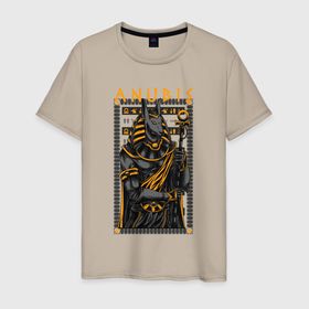 Мужская футболка хлопок с принтом Анубис с головой шакала в Тюмени, 100% хлопок | прямой крой, круглый вырез горловины, длина до линии бедер, слегка спущенное плечо. | Тематика изображения на принте: анубис | египет | иероглиф | рамка | узор | уличный стиль