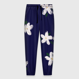 Мужские брюки 3D с принтом Белые ромашки на синем фоне в Белгороде, 100% полиэстер | манжеты по низу, эластичный пояс регулируется шнурком, по бокам два кармана без застежек, внутренняя часть кармана из мелкой сетки | белые ромашки | веселый принт | весенний принт | весна | летний принт | лето | мультяшные цветы | природа | рисунок маслом | ромашки | синий фон | синий цвет | цветы | цветы маслом