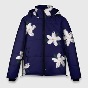Мужская зимняя куртка 3D с принтом Белые ромашки на синем фоне в Новосибирске, верх — 100% полиэстер; подкладка — 100% полиэстер; утеплитель — 100% полиэстер | длина ниже бедра, свободный силуэт Оверсайз. Есть воротник-стойка, отстегивающийся капюшон и ветрозащитная планка. 

Боковые карманы с листочкой на кнопках и внутренний карман на молнии. | белые ромашки | веселый принт | весенний принт | весна | летний принт | лето | мультяшные цветы | природа | рисунок маслом | ромашки | синий фон | синий цвет | цветы | цветы маслом