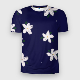Мужская футболка 3D Slim с принтом Белые ромашки на синем фоне в Новосибирске, 100% полиэстер с улучшенными характеристиками | приталенный силуэт, круглая горловина, широкие плечи, сужается к линии бедра | белые ромашки | веселый принт | весенний принт | весна | летний принт | лето | мультяшные цветы | природа | рисунок маслом | ромашки | синий фон | синий цвет | цветы | цветы маслом