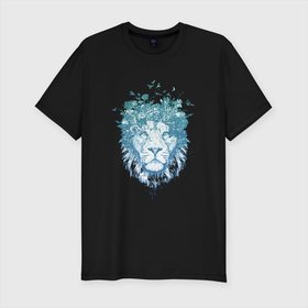 Мужская футболка хлопок Slim с принтом lion синий 1 штука в цветах в Новосибирске, 92% хлопок, 8% лайкра | приталенный силуэт, круглый вырез ворота, длина до линии бедра, короткий рукав | lion | китюлька | кошка | лев | леон | синий лев | тигр | цветы
