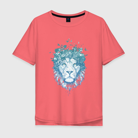 Мужская футболка хлопок Oversize с принтом lion синий 1 штука в цветах в Новосибирске, 100% хлопок | свободный крой, круглый ворот, “спинка” длиннее передней части | lion | китюлька | кошка | лев | леон | синий лев | тигр | цветы