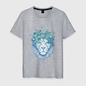 Мужская футболка хлопок с принтом lion синий 1 штука в цветах в Новосибирске, 100% хлопок | прямой крой, круглый вырез горловины, длина до линии бедер, слегка спущенное плечо. | lion | китюлька | кошка | лев | леон | синий лев | тигр | цветы