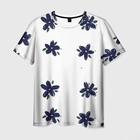 Мужская футболка 3D с принтом Синие ромашки на белом фоне в Тюмени, 100% полиэфир | прямой крой, круглый вырез горловины, длина до линии бедер | веселый принт | весенний принт | весна | летний принт | лето | мультяшные цветы | природа | рисунок маслом | ромашки | синие ромашки | синий цвет | цветы | цветы маслом