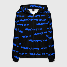 Мужская толстовка 3D на молнии с принтом Полосатый синий с черным как водяной тигр , 100% полиэстер | длина до линии бедра, манжеты и пояс оформлены мягкой тканевой резинкой, двухслойный капюшон со шнурком для регулировки, спереди молния, по бокам два кармана | Тематика изображения на принте: abstraction | black background | blue | bright | pattern | stripes | texture | water tiger | year of the blue tiger | year of the tiger | абстракция | водяной тигр | год  голубого  тигра | год тигра | паттерн | полосы | синие | текстура | черный фон | ярк