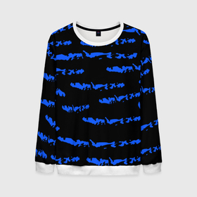 Мужской свитшот 3D с принтом Полосатый синий с черным как водяной тигр в Екатеринбурге, 100% полиэстер с мягким внутренним слоем | круглый вырез горловины, мягкая резинка на манжетах и поясе, свободная посадка по фигуре | Тематика изображения на принте: abstraction | black background | blue | bright | pattern | stripes | texture | water tiger | year of the blue tiger | year of the tiger | абстракция | водяной тигр | год  голубого  тигра | год тигра | паттерн | полосы | синие | текстура | черный фон | ярк