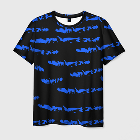 Мужская футболка 3D с принтом Полосатый синий с черным как водяной тигр в Новосибирске, 100% полиэфир | прямой крой, круглый вырез горловины, длина до линии бедер | Тематика изображения на принте: abstraction | black background | blue | bright | pattern | stripes | texture | water tiger | year of the blue tiger | year of the tiger | абстракция | водяной тигр | год  голубого  тигра | год тигра | паттерн | полосы | синие | текстура | черный фон | ярк
