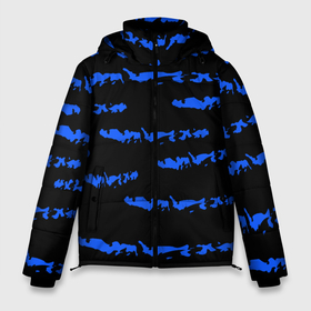 Мужская зимняя куртка 3D с принтом Полосатый синий с черным как водяной тигр в Курске, верх — 100% полиэстер; подкладка — 100% полиэстер; утеплитель — 100% полиэстер | длина ниже бедра, свободный силуэт Оверсайз. Есть воротник-стойка, отстегивающийся капюшон и ветрозащитная планка. 

Боковые карманы с листочкой на кнопках и внутренний карман на молнии. | abstraction | black background | blue | bright | pattern | stripes | texture | water tiger | year of the blue tiger | year of the tiger | абстракция | водяной тигр | год  голубого  тигра | год тигра | паттерн | полосы | синие | текстура | черный фон | ярк