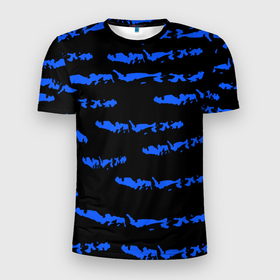 Мужская футболка 3D Slim с принтом Полосатый синий с черным как водяной тигр в Белгороде, 100% полиэстер с улучшенными характеристиками | приталенный силуэт, круглая горловина, широкие плечи, сужается к линии бедра | Тематика изображения на принте: abstraction | black background | blue | bright | pattern | stripes | texture | water tiger | year of the blue tiger | year of the tiger | абстракция | водяной тигр | год  голубого  тигра | год тигра | паттерн | полосы | синие | текстура | черный фон | ярк