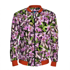 Мужской бомбер 3D с принтом Лилии цветут в Тюмени, 100% полиэстер | застегивается на молнию, по бокам два кармана без застежек, по низу бомбера и на воротнике - эластичная резинка | 8 марта | букет | клумба | лилия | паттерн | цветочки | цветы