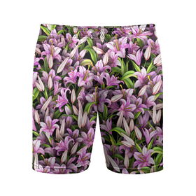 Мужские шорты спортивные с принтом Лилии цветут в Курске,  |  | Тематика изображения на принте: 8 марта | букет | клумба | лилия | паттерн | цветочки | цветы