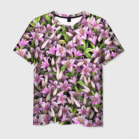 Мужская футболка 3D с принтом Лилии цветут в Кировске, 100% полиэфир | прямой крой, круглый вырез горловины, длина до линии бедер | Тематика изображения на принте: 8 марта | букет | клумба | лилия | паттерн | цветочки | цветы