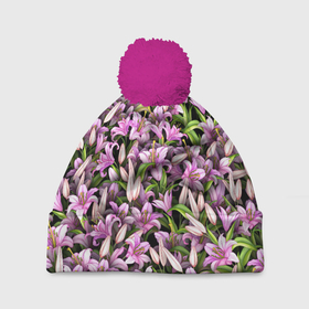 Шапка 3D c помпоном с принтом Лилии цветут в Санкт-Петербурге, 100% полиэстер | универсальный размер, печать по всей поверхности изделия | 8 марта | букет | клумба | лилия | паттерн | цветочки | цветы