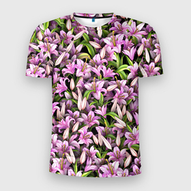 Мужская футболка 3D Slim с принтом Лилии цветут , 100% полиэстер с улучшенными характеристиками | приталенный силуэт, круглая горловина, широкие плечи, сужается к линии бедра | Тематика изображения на принте: 8 марта | букет | клумба | лилия | паттерн | цветочки | цветы