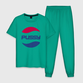 Мужская пижама хлопок с принтом Pepsi Pussy в Екатеринбурге, 100% хлопок | брюки и футболка прямого кроя, без карманов, на брюках мягкая резинка на поясе и по низу штанин
 | Тематика изображения на принте: memes | pepsi | pussy | rofl | логотип | мем | прикол | шутка