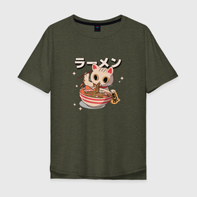 Мужская футболка хлопок Oversize с принтом Ramen Kitty в Петрозаводске, 100% хлопок | свободный крой, круглый ворот, “спинка” длиннее передней части | cat | вкусный | еда | иероглиф | киса | китайский | кот | котенок | котя | кошка | лапша | милый | рамен | рамэн | талисман | удача | японский