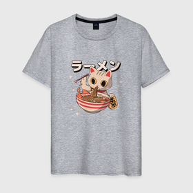 Мужская футболка хлопок с принтом Ramen Kitty в Курске, 100% хлопок | прямой крой, круглый вырез горловины, длина до линии бедер, слегка спущенное плечо. | cat | вкусный | еда | иероглиф | киса | китайский | кот | котенок | котя | кошка | лапша | милый | рамен | рамэн | талисман | удача | японский