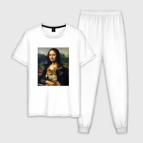 Мужская пижама хлопок с принтом Shiba Inu Mona Lisa в Екатеринбурге, 100% хлопок | брюки и футболка прямого кроя, без карманов, на брюках мягкая резинка на поясе и по низу штанин
 | акита | да винчи | джоконда | живопись | искусство | картина | леонардо | милый | мона лиза | пес | сиба ину | собака | шиба ину | щенок | японская