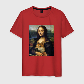 Мужская футболка хлопок с принтом Shiba Inu Mona Lisa в Тюмени, 100% хлопок | прямой крой, круглый вырез горловины, длина до линии бедер, слегка спущенное плечо. | акита | да винчи | джоконда | живопись | искусство | картина | леонардо | милый | мона лиза | пес | сиба ину | собака | шиба ину | щенок | японская