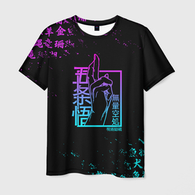Мужская футболка 3D с принтом СУКУНА МАГИЧЕСКАЯ БИТВА НЕОН   SUKUNA NEON в Курске, 100% полиэфир | прямой крой, круглый вырез горловины, длина до линии бедер | anime | japan | japanese | jujutsu | jujutsu kaisen | kaisen | sukuna | tattoo | аниме | двуликий призрак | иероглифы | инумаки | итадори | итадори юдзи | магическая битва | нобара | панда | рёмен | рёмен сукуна | сатору | сукуна