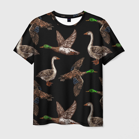 Мужская футболка 3D с принтом Утки паттерн в Новосибирске, 100% полиэфир | прямой крой, круглый вырез горловины, длина до линии бедер | водоплавающие | гусеобразные | гуси | охота | охотник | паттерн | природа | птицы | селезень | турист | утки
