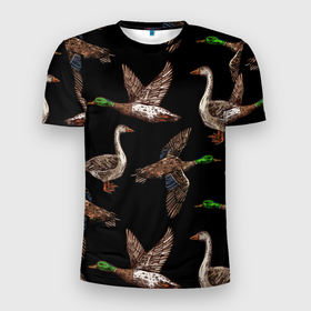 Мужская футболка 3D Slim с принтом Утки паттерн в Екатеринбурге, 100% полиэстер с улучшенными характеристиками | приталенный силуэт, круглая горловина, широкие плечи, сужается к линии бедра | водоплавающие | гусеобразные | гуси | охота | охотник | паттерн | природа | птицы | селезень | турист | утки