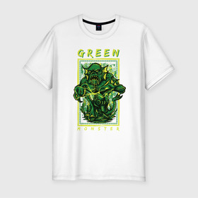 Мужская футболка хлопок Slim с принтом Зелёный монстр в Санкт-Петербурге, 92% хлопок, 8% лайкра | приталенный силуэт, круглый вырез ворота, длина до линии бедра, короткий рукав | гранж | листья | молния | монстр | рамка | уличный стиль